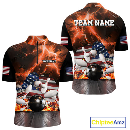 Orange Lightning thunder storm American Flag Bowling Shirt For Men Custom Bowling Team League Jerseys NQS10291