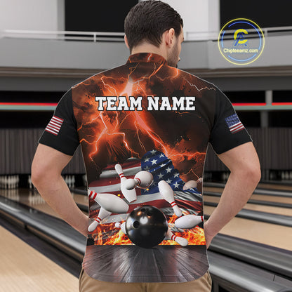 Orange Lightning thunder storm American Flag Bowling Shirt For Men Custom Bowling Team League Jerseys NQS10291
