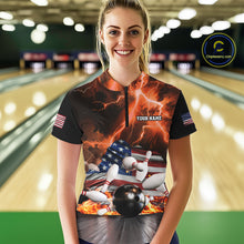 Load image into Gallery viewer, Orange Lightning thunder American Flag Bowling Shirt For Women Custom Bowling Team League Jersey NQS10291