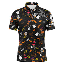 Load image into Gallery viewer, Funny Mens golf polo shirt orange black Halloween background custom name Flamingo golf friends NQS6185