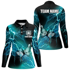 Women bowling shirts Custom cyan blue lightning thunder Bowling Team Jersey, gift for team Bowlers NQS8316