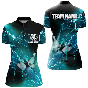 Women bowling shirts Custom cyan blue lightning thunder Bowling Team Jersey, gift for team Bowlers NQS8316