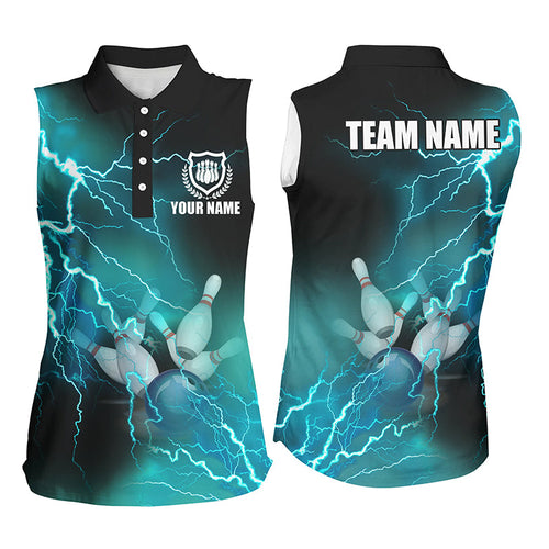 Women bowling sleeveless polo shirts Custom cyan blue lightning thunder Bowling Team Jersey NQS8316