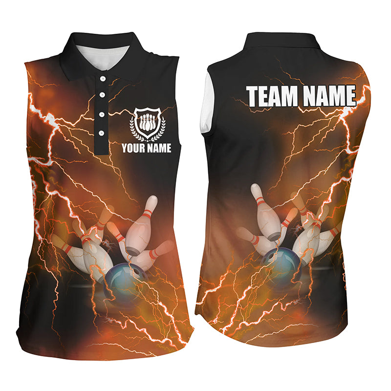 Women bowling sleeveless polo shirts Custom orange lightning thunder Bowling Team Jersey NQS8317