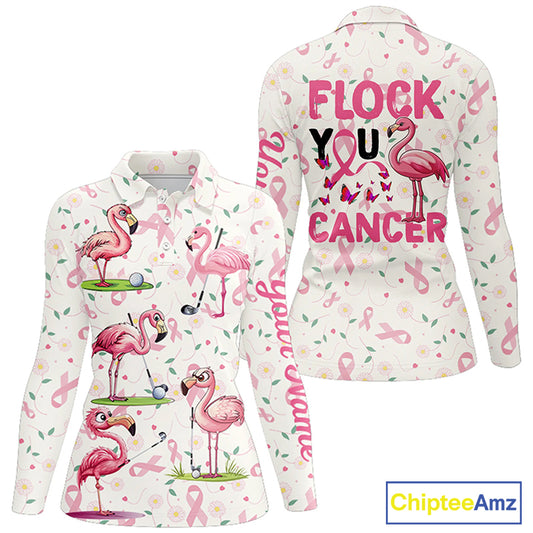 Funny Womens golf polo shirts custom pink ribbons breast cancer flamingo golf shirts flock you cancer NQS8507