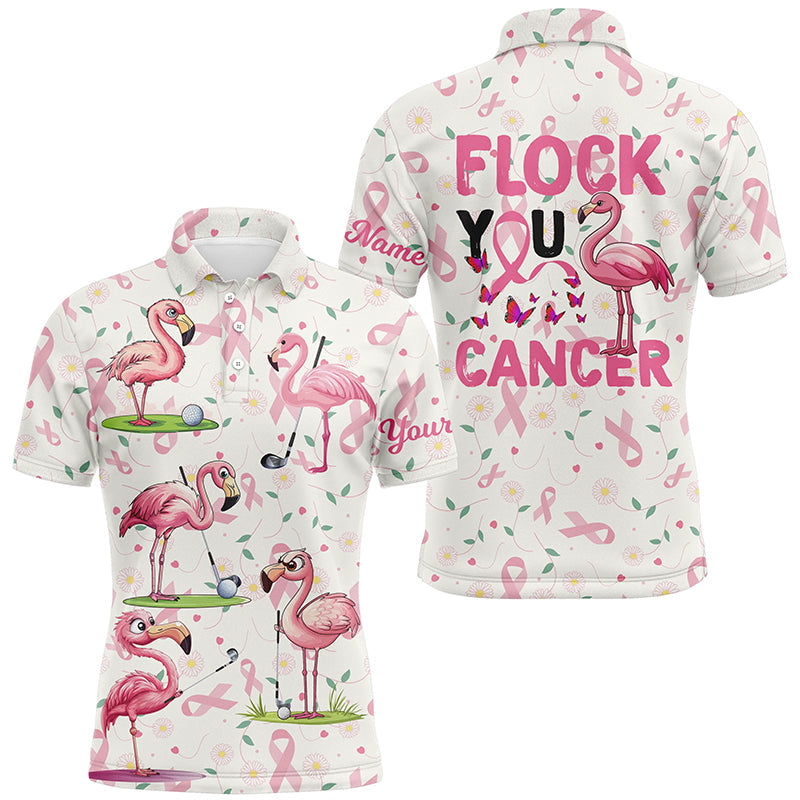 Funny Mens golf polo shirt custom pink ribbons breast cancer flamingo golf shirts flock you cancer NQS8507