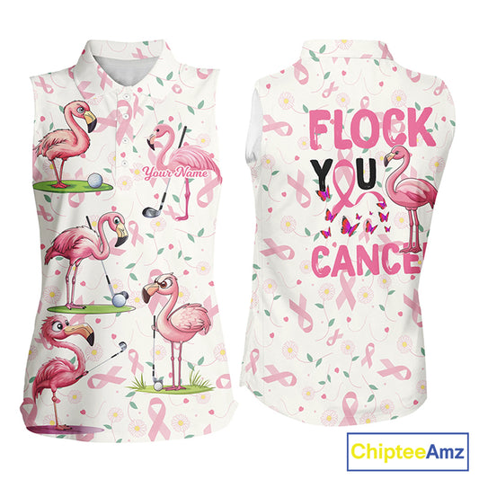 Womens sleeveless polo shirts custom pink ribbons breast cancer flamingo golf shirts flock you cancer NQS8507