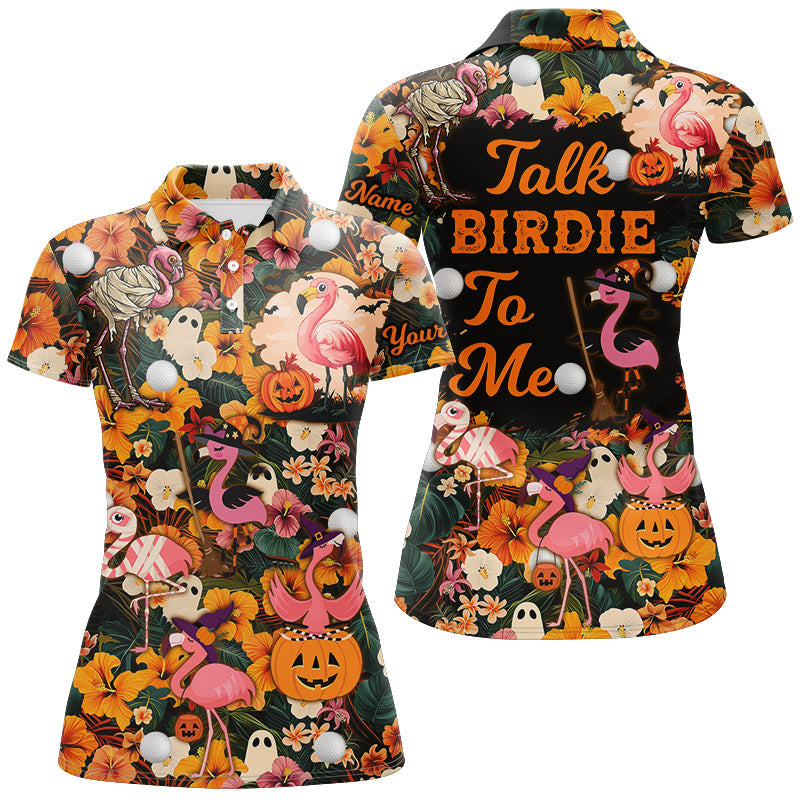 Funny Womens golf polo shirts custom Halloween tropical flower flamingo golf shirts talk birdie to me NQS8508