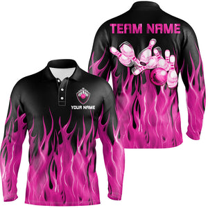 Personalized Men Polo, 1/4 Zip Bowling Shirt pink Flame Bowling Ball Pins bowling jersey for Bowler NQS8516