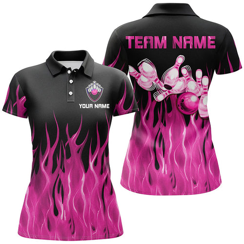 Personalized Women Polo, 1/4 Zip Bowling Shirt pink Flame Bowling Ball Pins bowling jersey for Bowler NQS8516