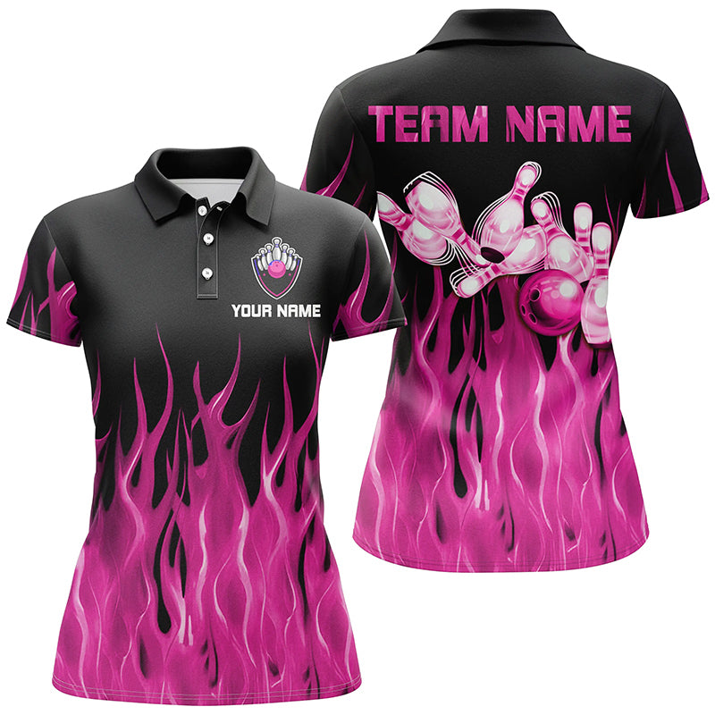 Personalized Women Polo, 1/4 Zip Bowling Shirt pink Flame Bowling Ball Pins bowling jersey for Bowler NQS8516