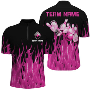 Personalized Men Polo, 1/4 Zip Bowling Shirt pink Flame Bowling Ball Pins bowling jersey for Bowler NQS8516