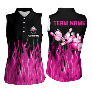 Personalized Women sleeveless polo shirts Pink Flame Bowling Ball Pins bowling jerseys for Bowler NQS8516