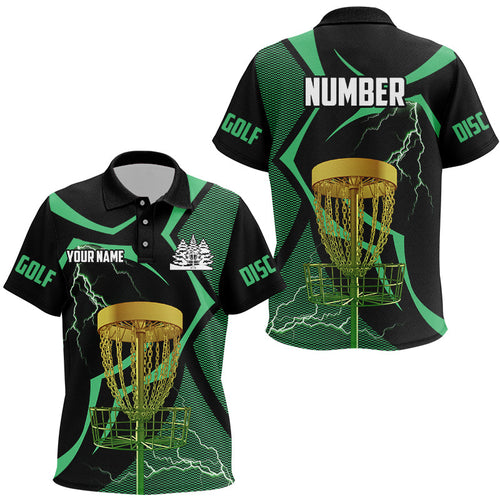 Black green Kid disc golf polos shirt custom lightning thunder disc golf basket, frisbee golf gifts NQS8520