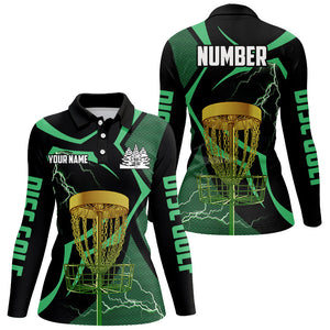 Black green Womens disc golf polo shirts custom lightning thunder disc golf basket, frisbee golf gifts NQS8520