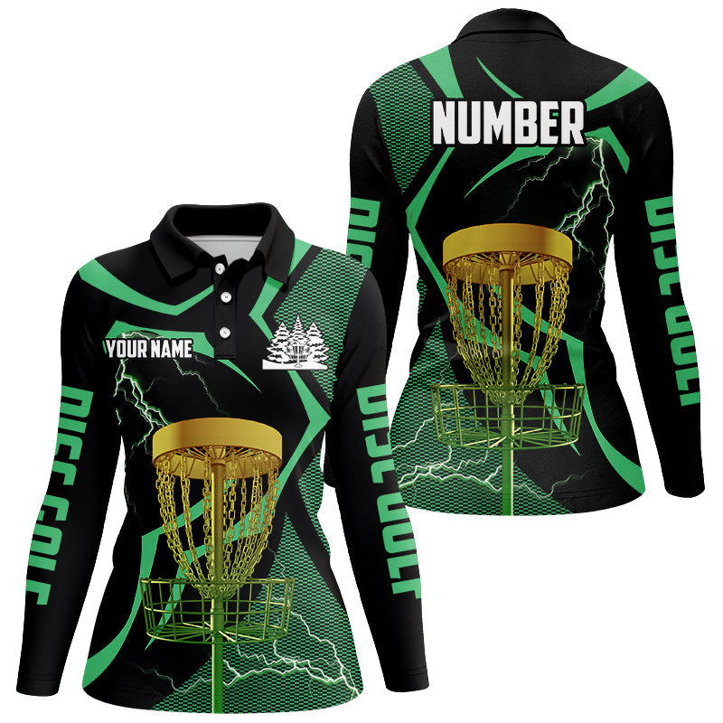 Black green Womens disc golf polo shirts custom lightning thunder disc golf basket, frisbee golf gifts NQS8520