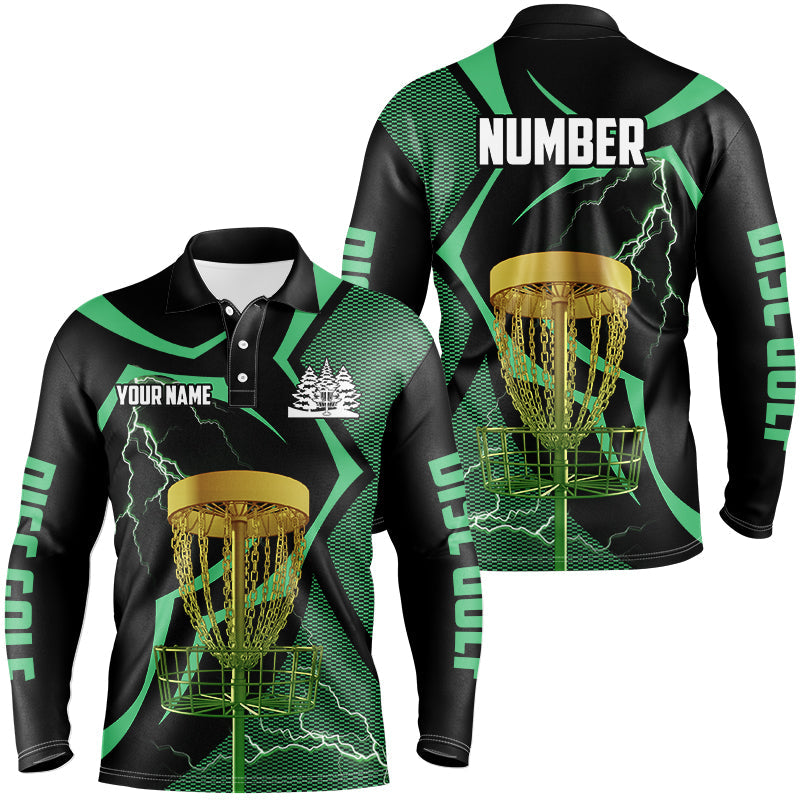 Black and green Men disc golf polo shirt custom lightning thunder disc golf basket, frisbee golf gifts NQS8520