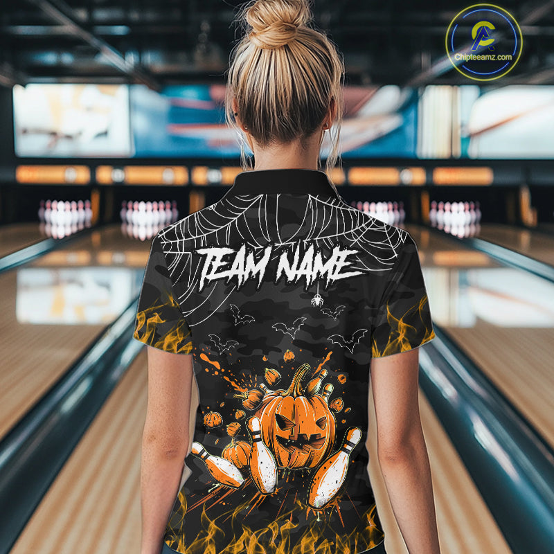Black Bowling Camo Orange flame Skull Custom Halloween Bowling Shirts For Women, Bowling Team Jerseys NQS10705