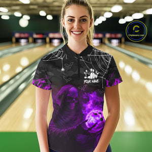 Black Bowling Camo Purple flame Skull Custom Halloween Bowling Shirts For Women, Bowling Team Jerseys NQS10706