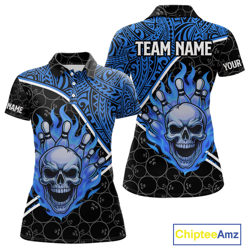 Black and Blue Flame Skull tribal pattern camo Bowling Shirts for Women Custom Bowling Team Jersey NQS10916