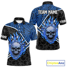 Load image into Gallery viewer, Black and Blue Flame Skull tribal pattern camo Bowling Shirts for Men Custom Bowling Team Jersey NQS10916