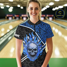 Load image into Gallery viewer, Black and Blue Flame Skull tribal pattern camo Bowling Shirts for Women Custom Bowling Team Jersey NQS10916