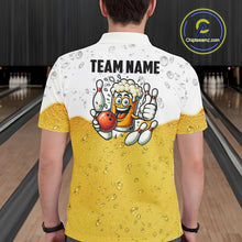 Load image into Gallery viewer, Custom White And Yellow Funny Beer Bowling Men Polo, Quarter Zip Shirts, Beer Glass Bowling Jersey NQS10918