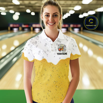 Custom White And Yellow Funny Beer Bowling Women Polo, Quarter Zip Shirts, Beer Glass Bowling Jersey NQS10918