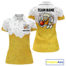 Load image into Gallery viewer, Custom White And Yellow Funny Beer Bowling Women Polo, Quarter Zip Shirts, Beer Glass Bowling Jersey NQS10918