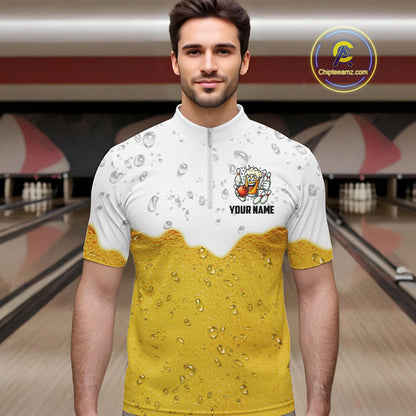 Custom White And Yellow Funny Beer Bowling Men Polo, Quarter Zip Shirts, Beer Glass Bowling Jersey NQS10918