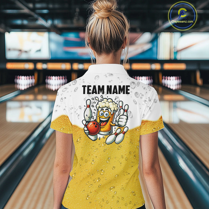 Custom White And Yellow Funny Beer Bowling Women Polo, Quarter Zip Shirts, Beer Glass Bowling Jersey NQS10918