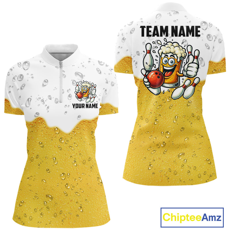 Custom White And Yellow Funny Beer Bowling Women Polo, Quarter Zip Shirts, Beer Glass Bowling Jersey NQS10918