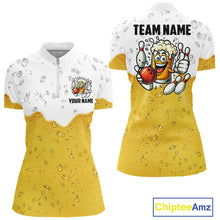 Load image into Gallery viewer, Custom White And Yellow Funny Beer Bowling Women Polo, Quarter Zip Shirts, Beer Glass Bowling Jersey NQS10918