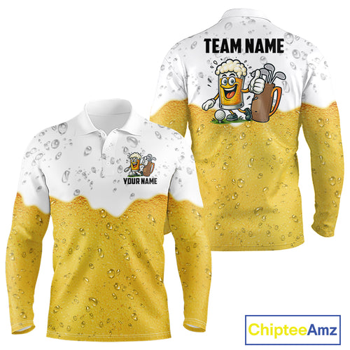Custom White And Yellow Funny Beer Golf Polo Shirts For Men, Funny Beer Glass Mens Golf Outfit NQS10919