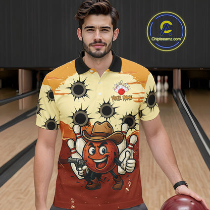 Funny Bowling Cowboy gun Mens bowling polo, Quarter zip shirts Custom bowling team outfit jersey NQS10920