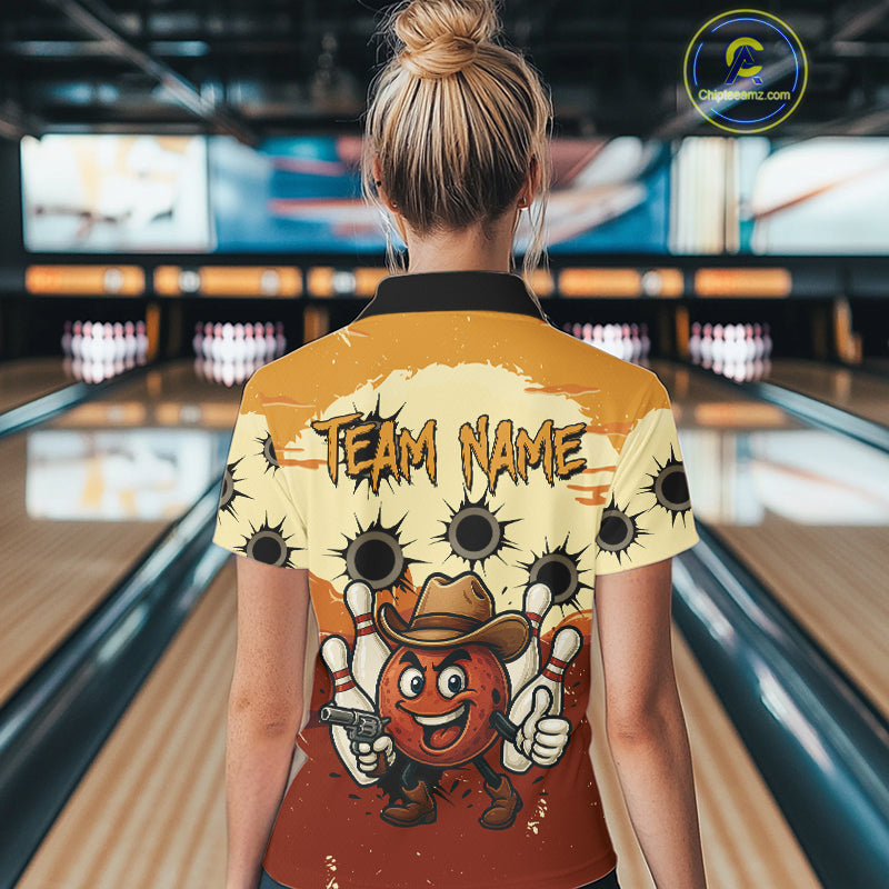 Funny Bowling Cowboy gun Women bowling polo, Quarter zip shirts Custom bowling team outfit jersey NQS10920
