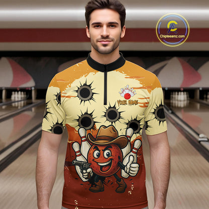 Funny Bowling Cowboy gun Mens bowling polo, Quarter zip shirts Custom bowling team outfit jersey NQS10920