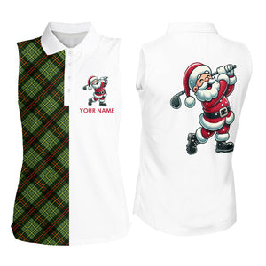 Green Plaid Christmas pattern Santa Golf sleeveless Polo Shirt custom Xmas golf top for ladies NQS8996