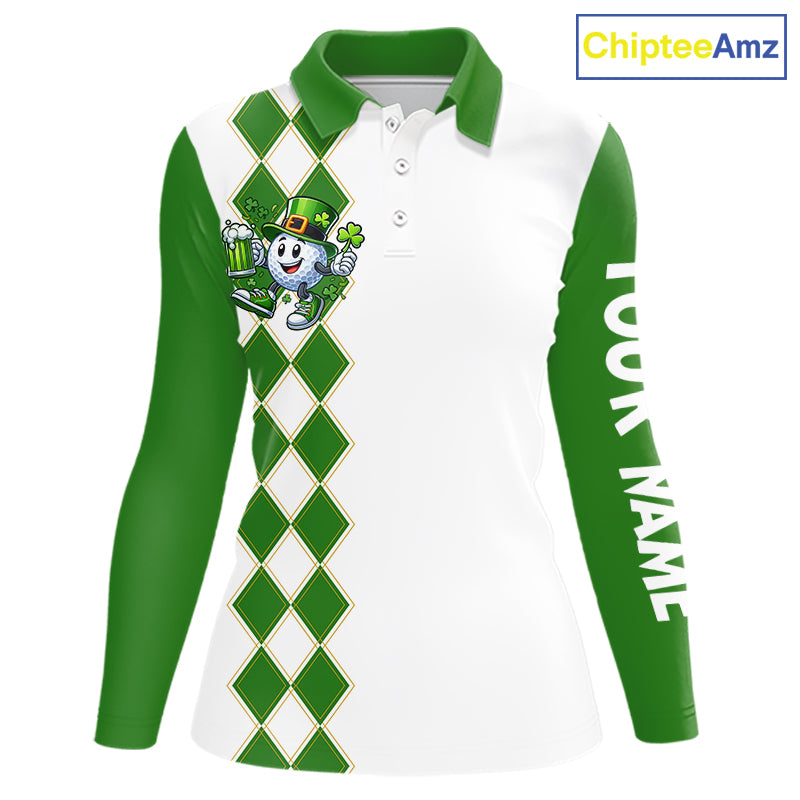 White and Green argyle pattern Women Golf polo shirts Custom funny St Patrick day ladies golf outfit NQS11296