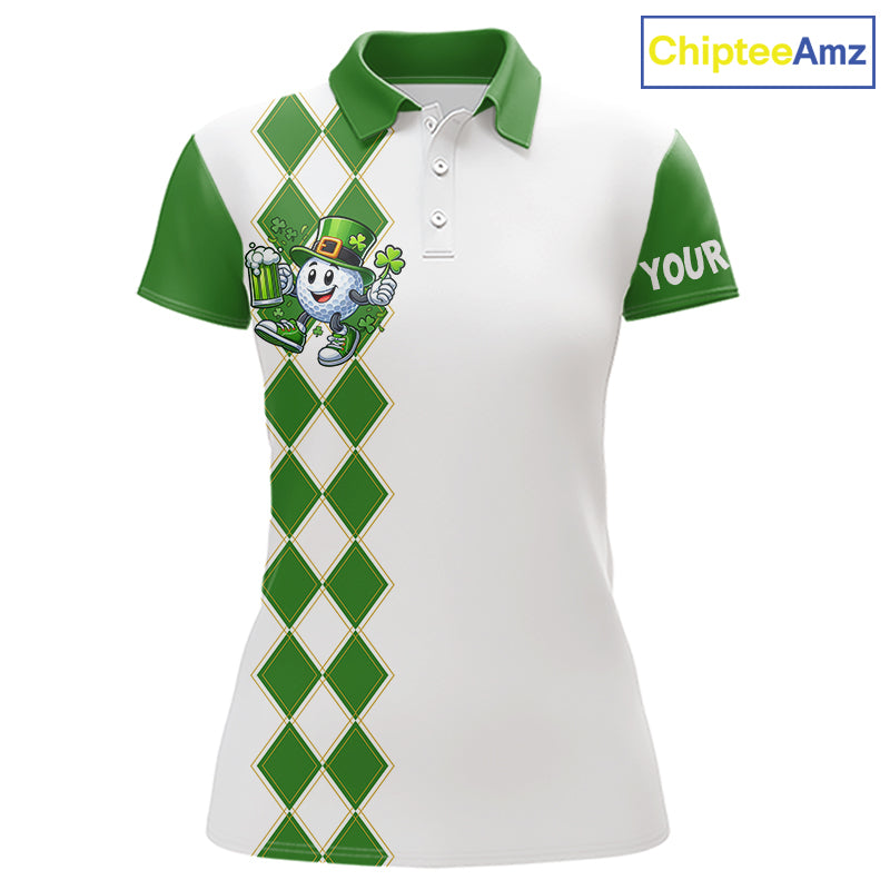 White and Green argyle pattern Women Golf polo shirts Custom funny St Patrick day ladies golf outfit NQS11296