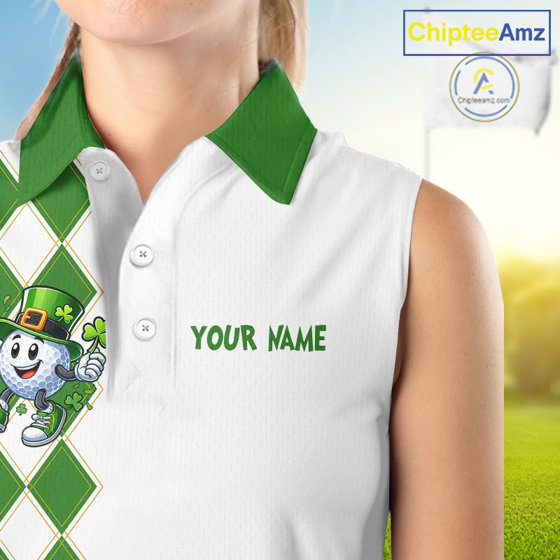 White and Green argyle pattern Sleeveless polo shirts Custom funny St Patrick day ladies golf outfit NQS11296