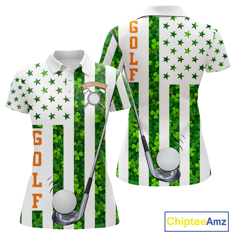 White, Green and Orange shamrock American Flag Women Golf polo shirts Custom St Patrick golf outfit NQS11297