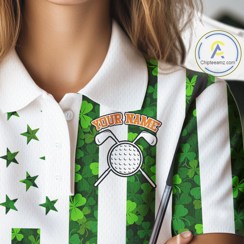 White, Green and Orange shamrock American Flag Women Golf polo shirts Custom St Patrick golf outfit NQS11297