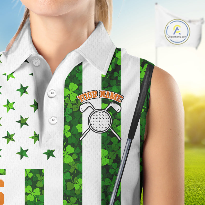 White, Green and Orange shamrock American Flag Sleeveless polo shirts Custom St Patrick golf outfit NQS11297