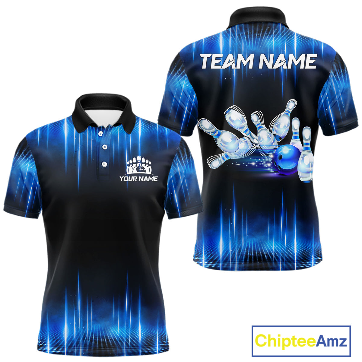 Black and Blue Bowling polo, Quarter zip Shirts for Men Custom Bowling Team jerseys, Gift For Bowler NQS11299