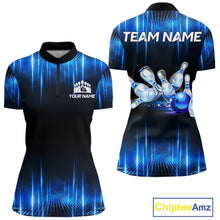 Load image into Gallery viewer, Black and Blue Bowling polo, Quarter zip Shirts for Women Custom Bowling Team jersey, Gift For Bowler NQS11299