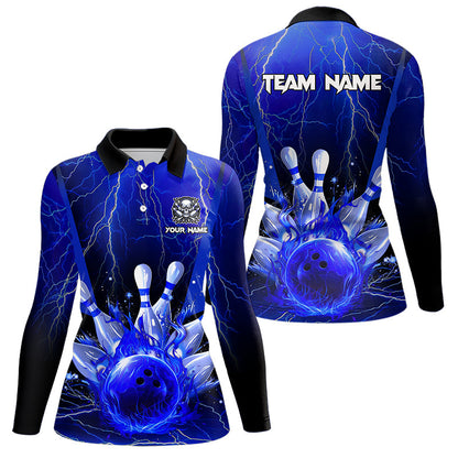 Blue Flame Lightning Thunder Bowling Polo, Quarter Zip Shirt For Women Custom Bowling Team Jersey NQS9425