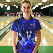 Load image into Gallery viewer, Blue Flame Lightning Thunder Bowling Polo, Quarter Zip Shirt For Women Custom Bowling Team Jersey NQS9425