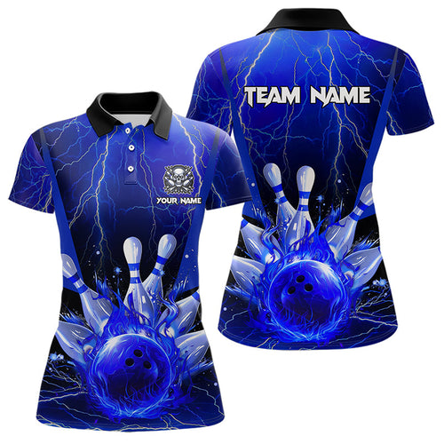 Blue Flame Lightning Thunder Bowling Polo, Quarter Zip Shirt For Women Custom Bowling Team Jersey NQS9425