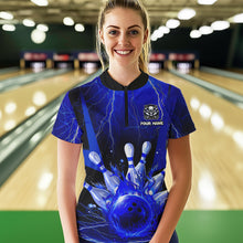 Load image into Gallery viewer, Blue Flame Lightning Thunder Bowling Polo, Quarter Zip Shirt For Women Custom Bowling Team Jersey NQS9425